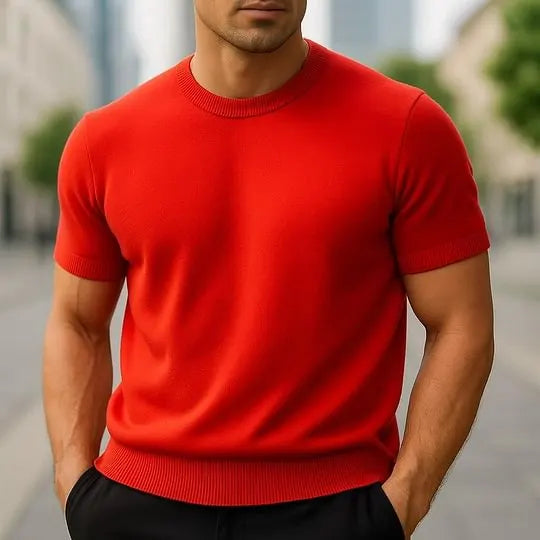 Round neck, short sleeves, slim fit, solid color, stylish knit sweater