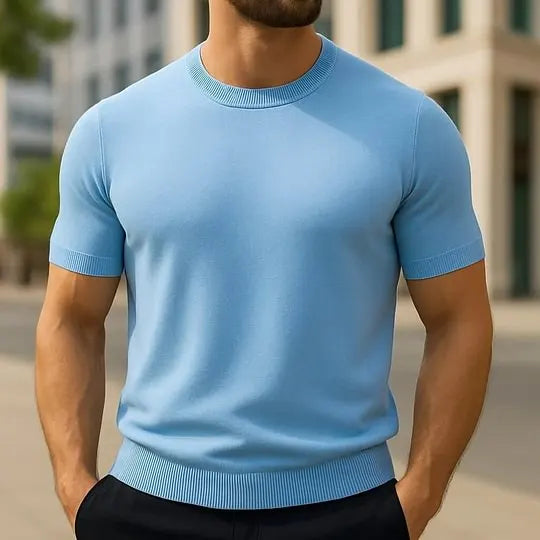 Round neck, short sleeves, slim fit, solid color, stylish knit sweater