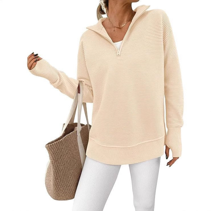 Long-sleeved three-quarter length zip-up sweater