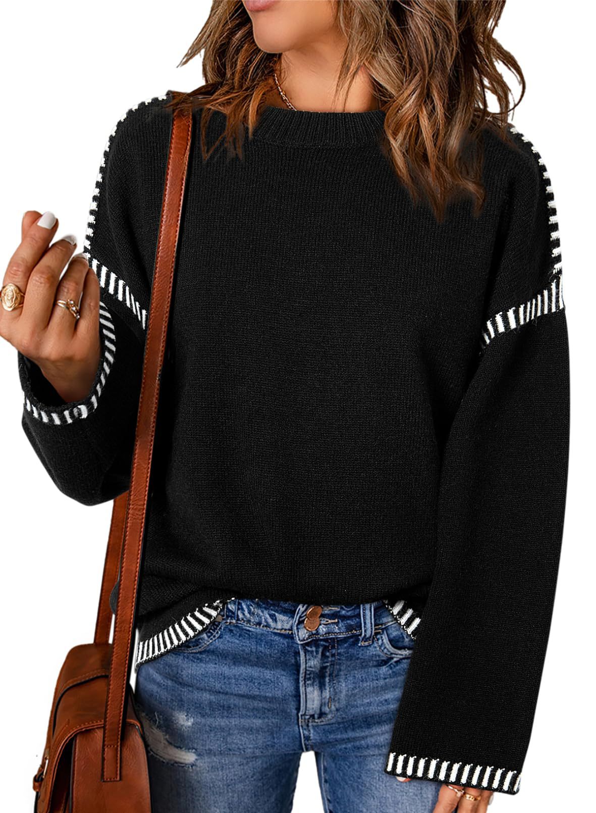 Winter Women's Sweater Solid Color Round Neck Loose Long Sleeve Color Block Cable Knit