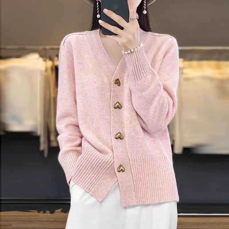 Solid color knitted V-neck cardigan