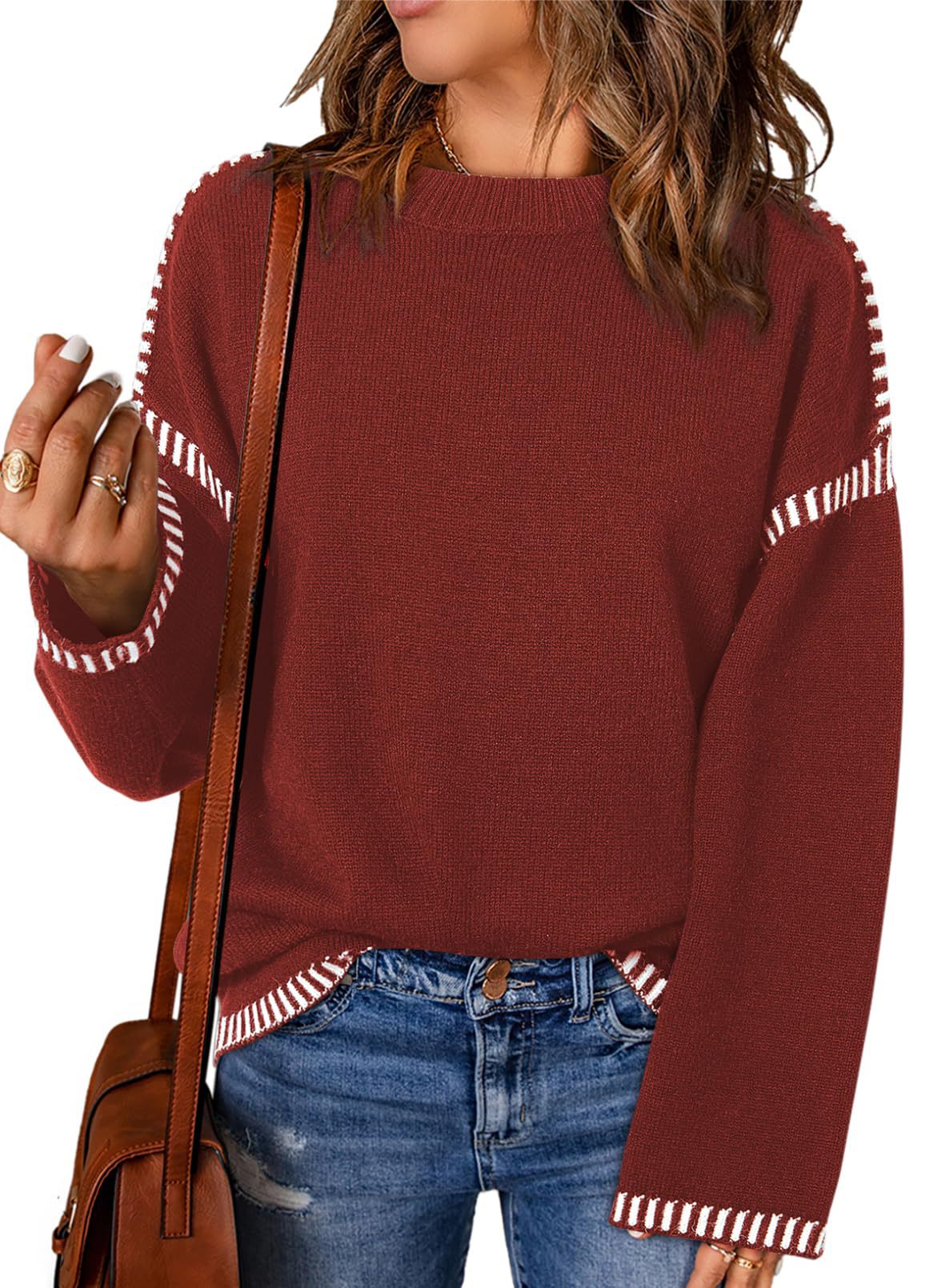 Winter Women's Sweater Solid Color Round Neck Loose Long Sleeve Color Block Cable Knit