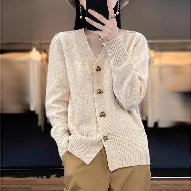 Solid color knitted V-neck cardigan