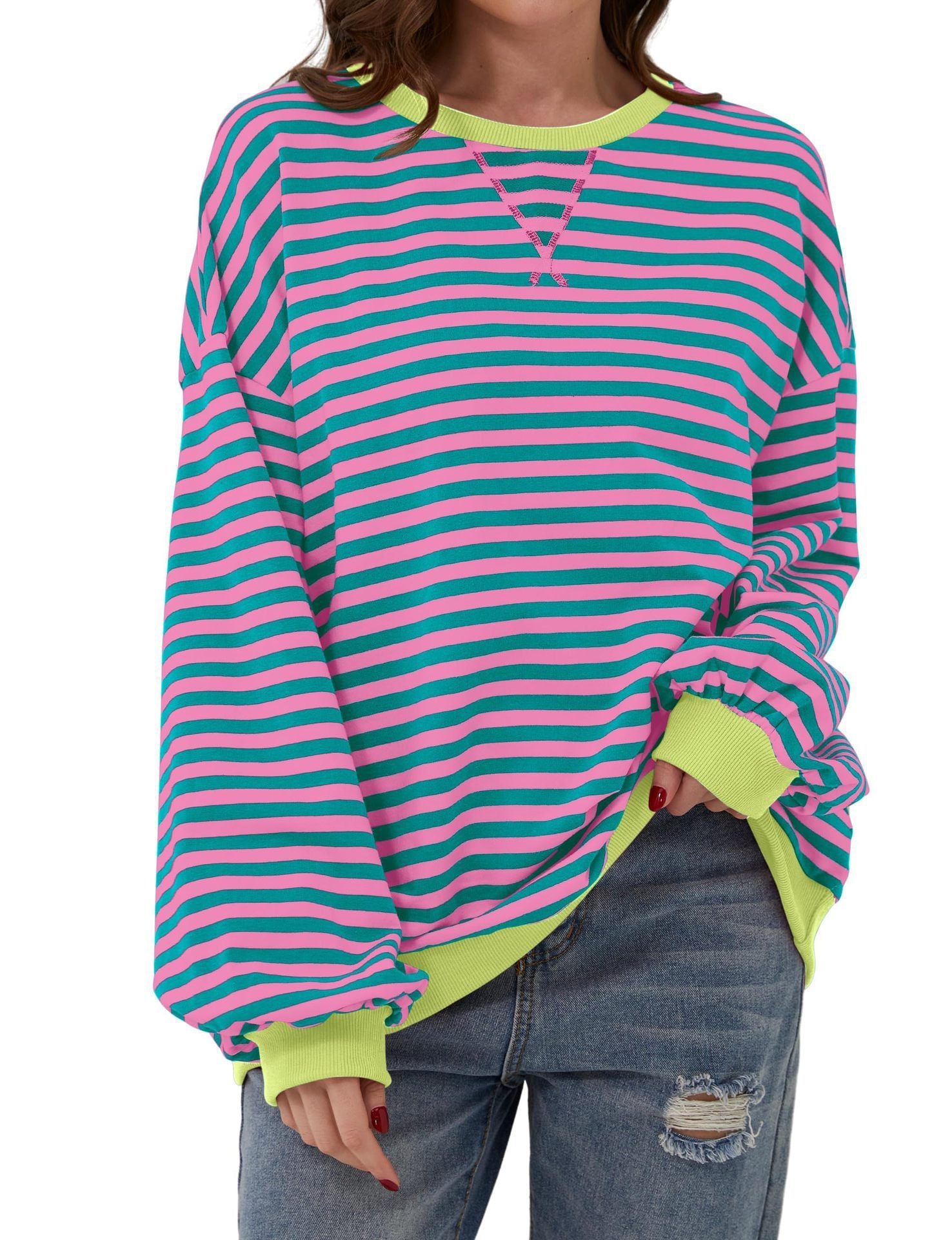 Striped floral crew neck long-sleeved color-blocked T-shirt