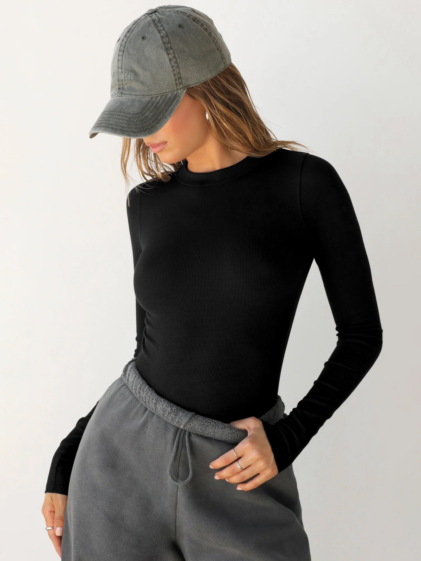 Ribbed Crew Neck Long Sleeve T-Shirt Base Layer Shirt