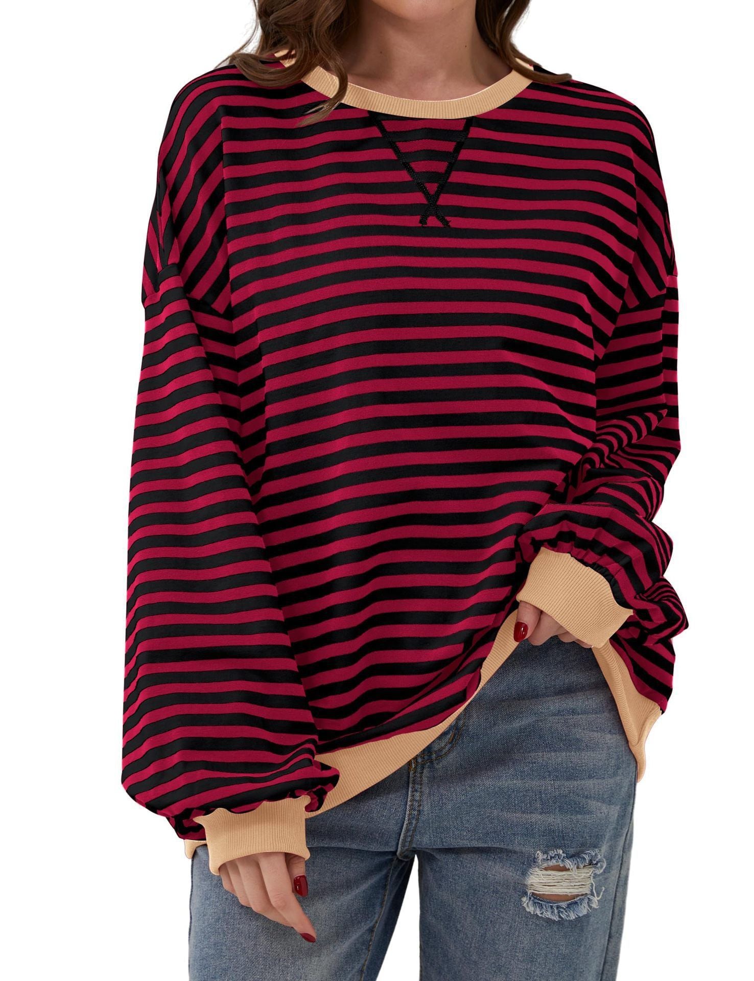 Striped floral crew neck long-sleeved color-blocked T-shirt