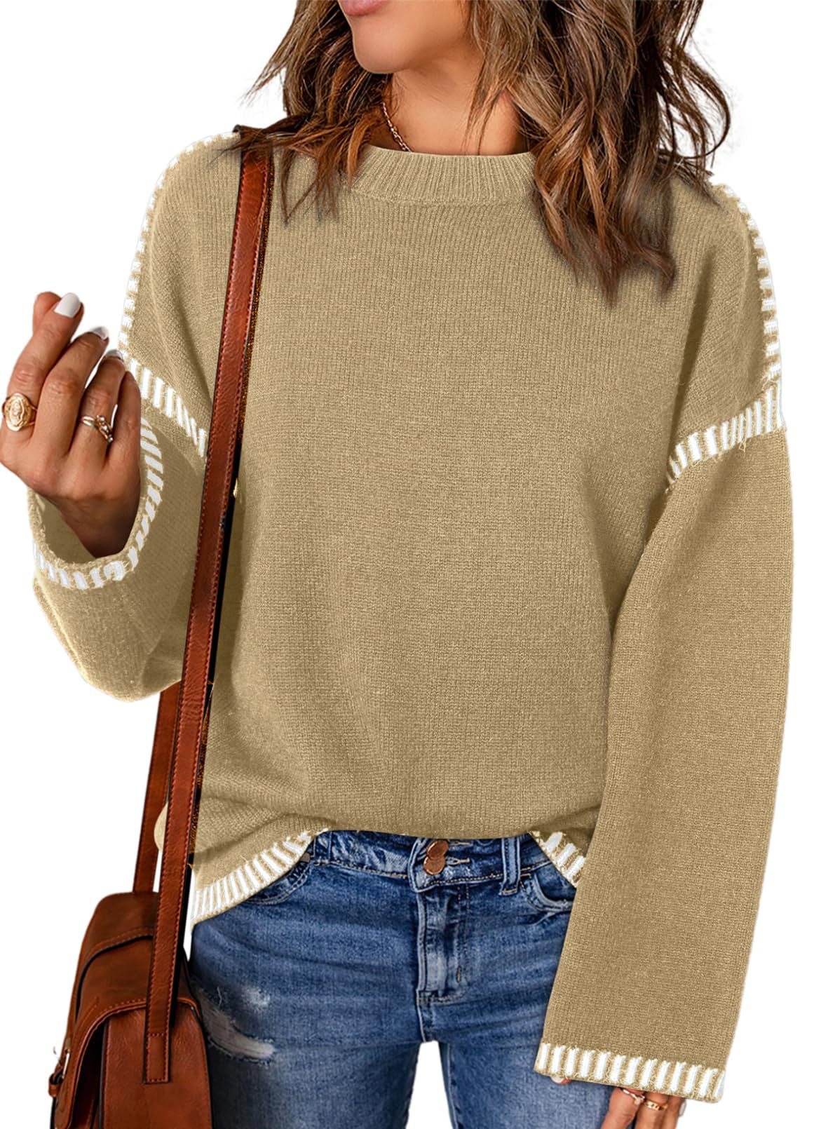 Winter Women's Sweater Solid Color Round Neck Loose Long Sleeve Color Block Cable Knit