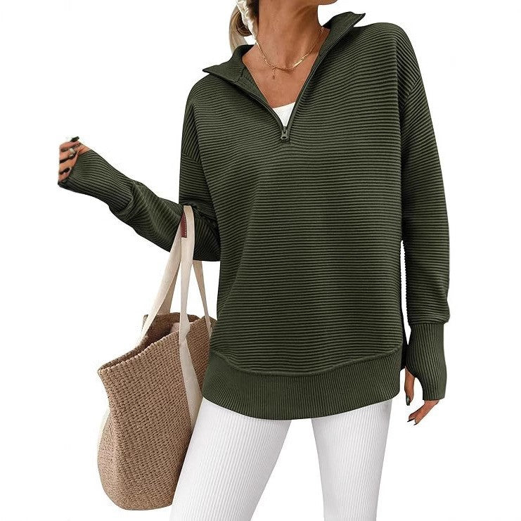 Long-sleeved three-quarter length zip-up sweater