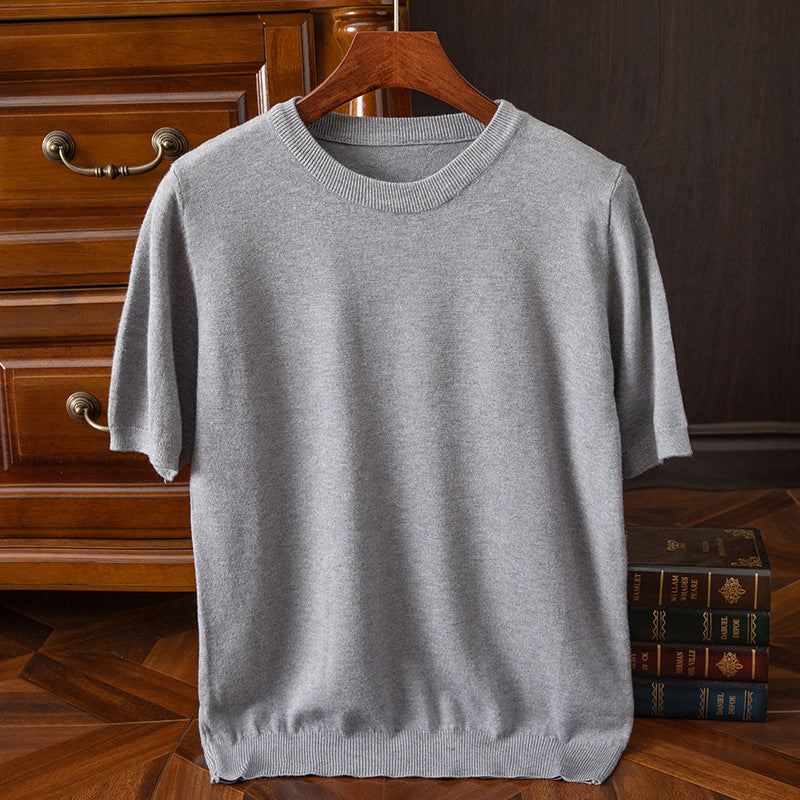 Round neck, short sleeves, slim fit, solid color, stylish knit sweater