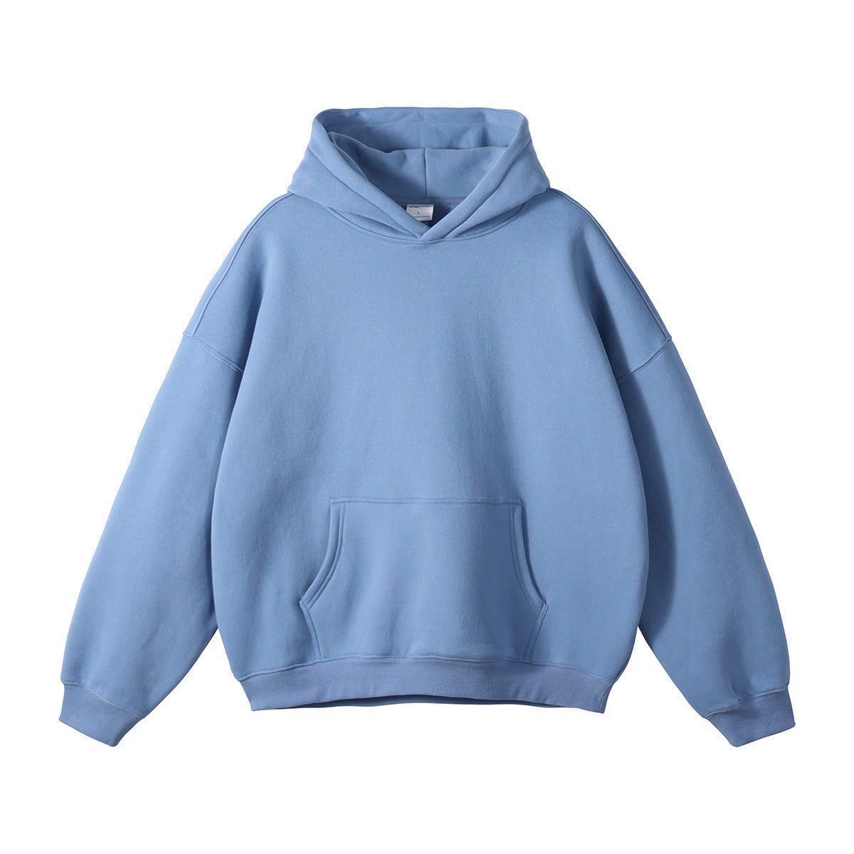 Loose-fitting, fleece-lined hoodie with dropped shoulders and a solid color.