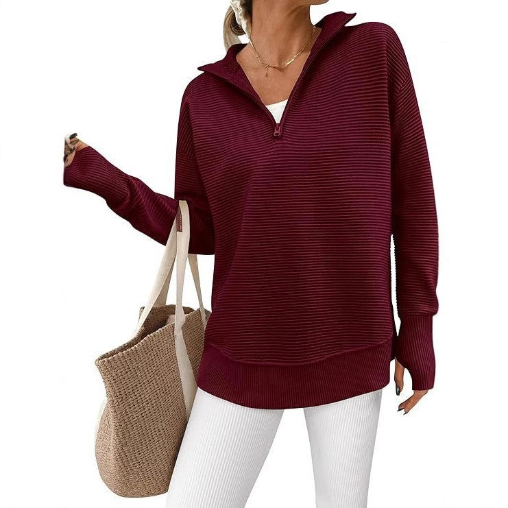 Long-sleeved three-quarter length zip-up sweater
