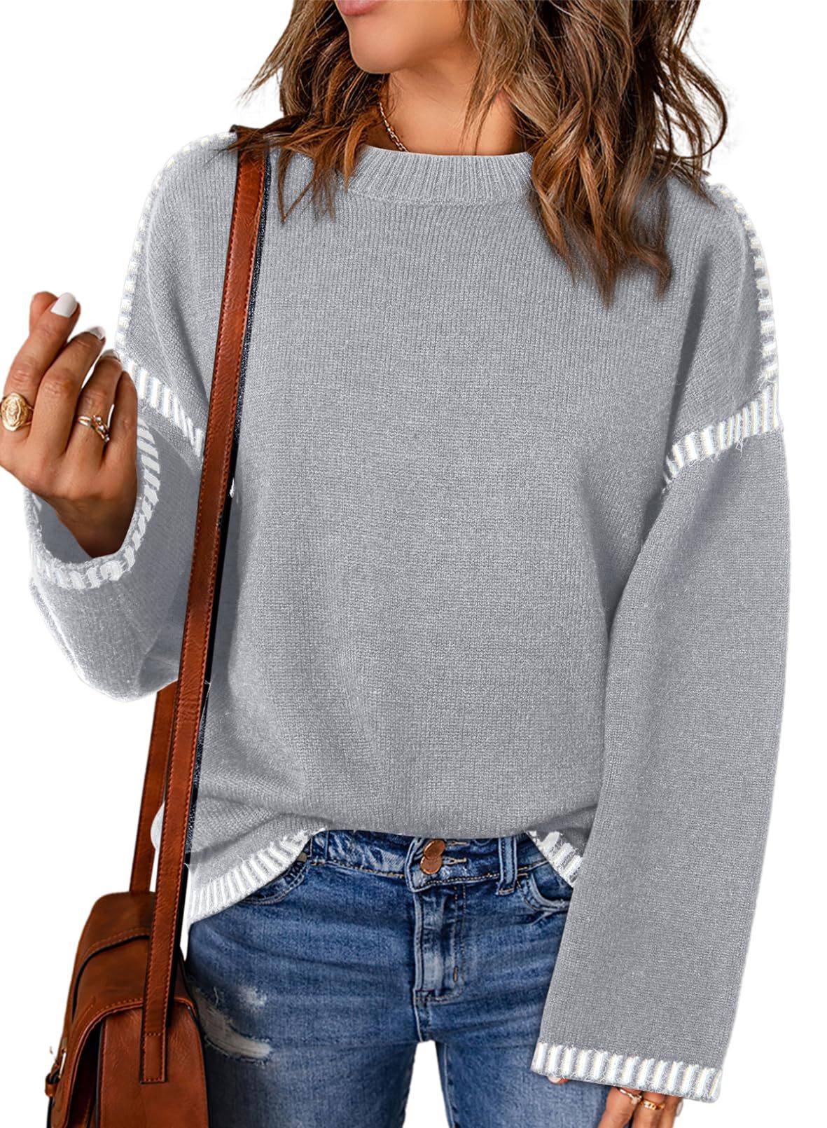 Winter Women's Sweater Solid Color Round Neck Loose Long Sleeve Color Block Cable Knit