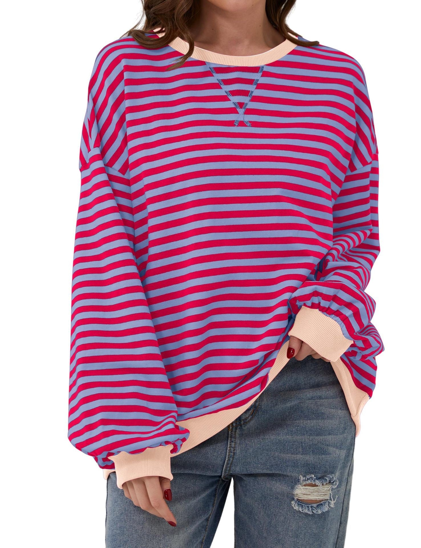 Striped floral crew neck long-sleeved color-blocked T-shirt