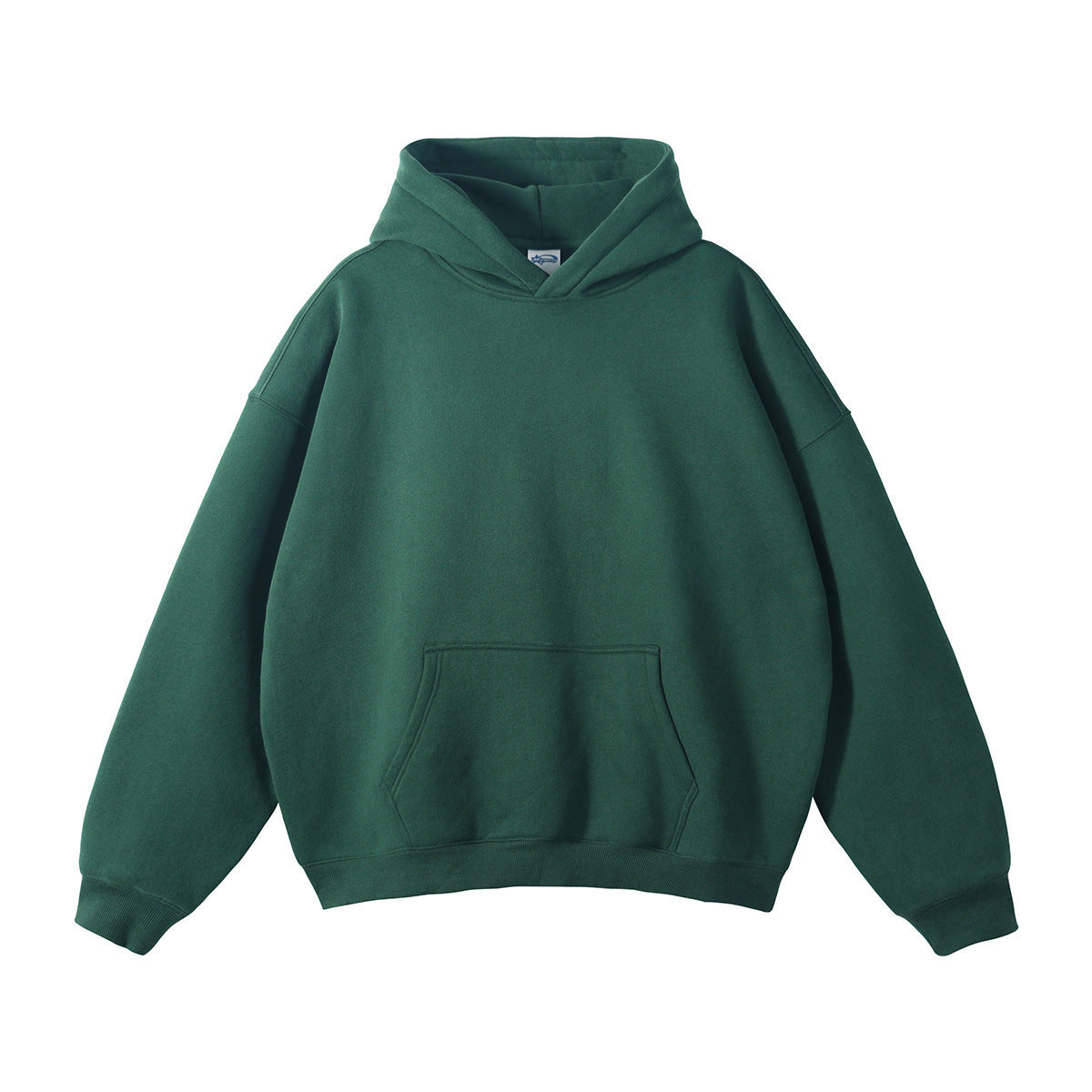 Loose-fitting, fleece-lined hoodie with dropped shoulders and a solid color.