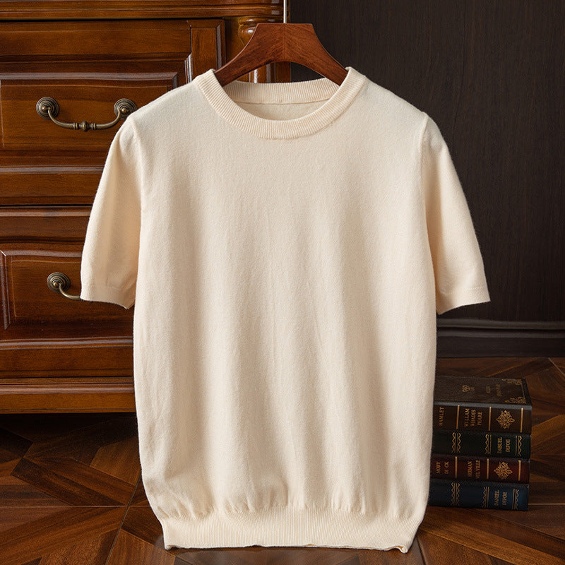 Round neck, short sleeves, slim fit, solid color, stylish knit sweater