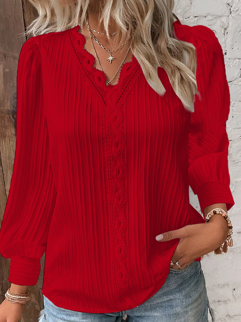 Spring Long-Sleeved V-Neck Lace-Trimmed Blouse for Women