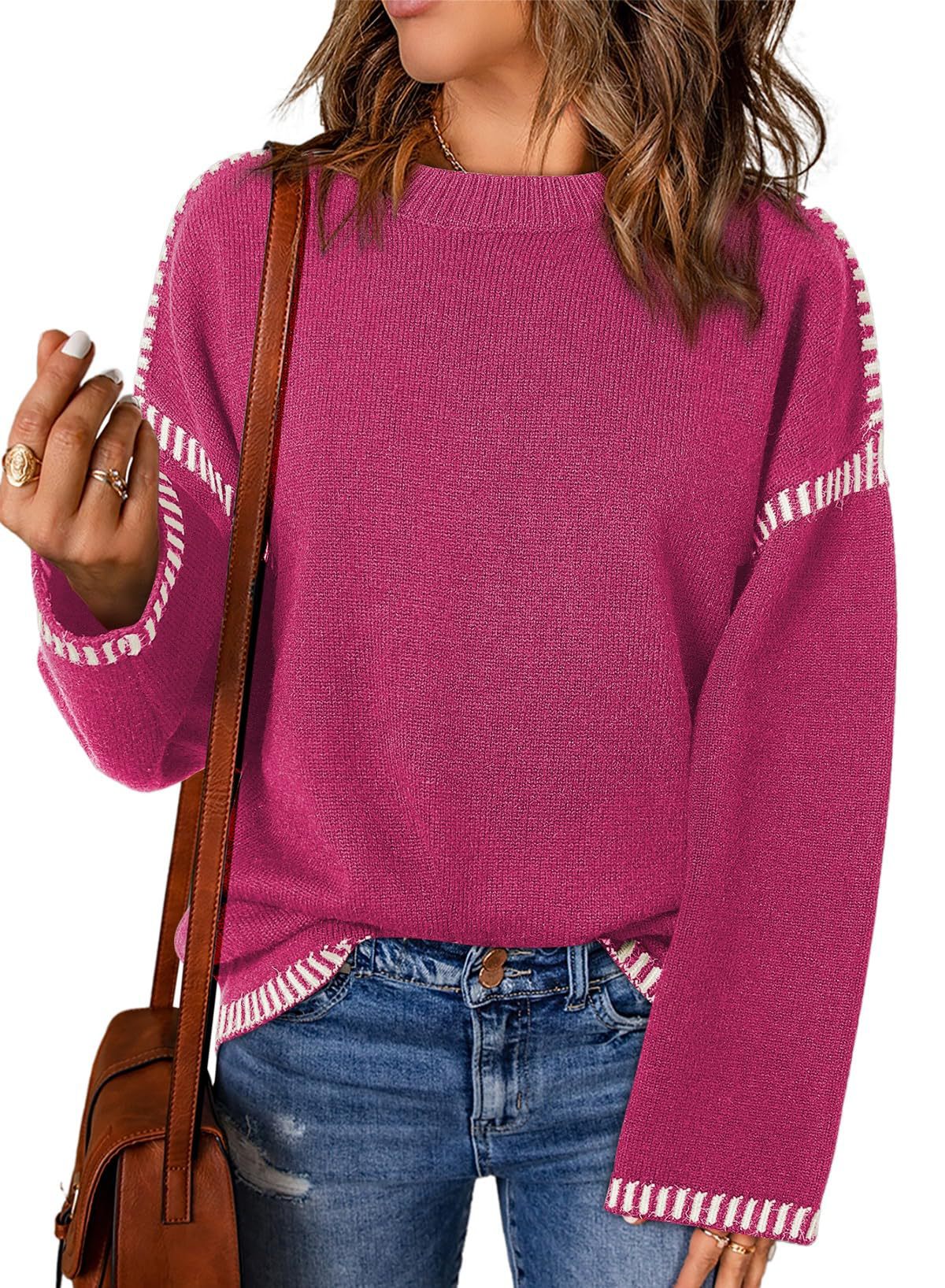 Winter Women's Sweater Solid Color Round Neck Loose Long Sleeve Color Block Cable Knit
