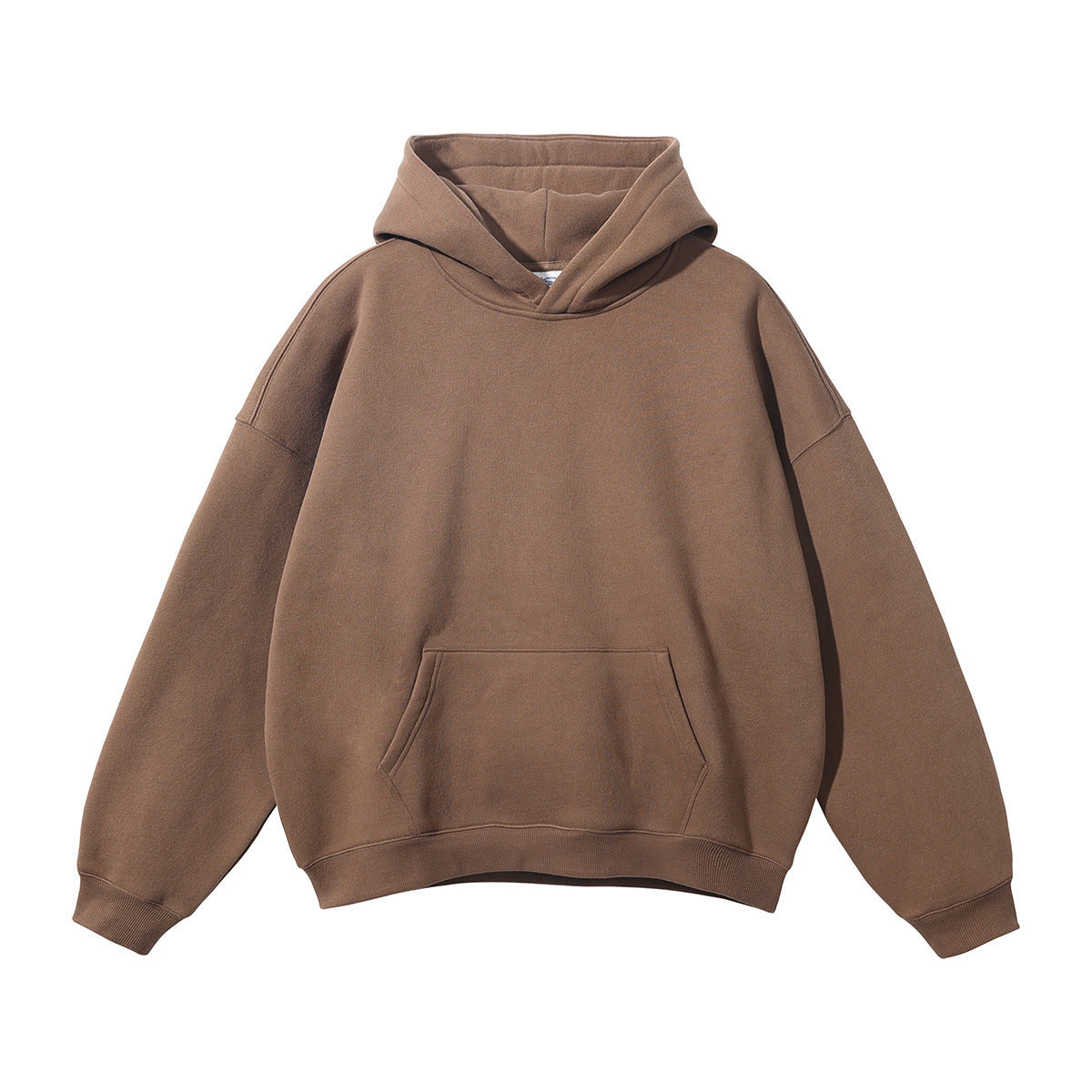 Loose-fitting, fleece-lined hoodie with dropped shoulders and a solid color.