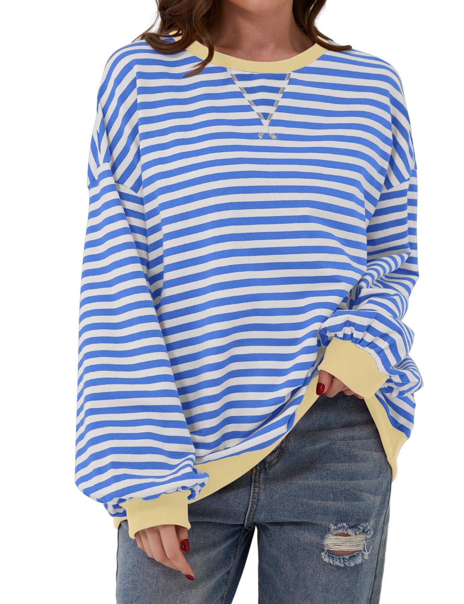 Striped floral crew neck long-sleeved color-blocked T-shirt