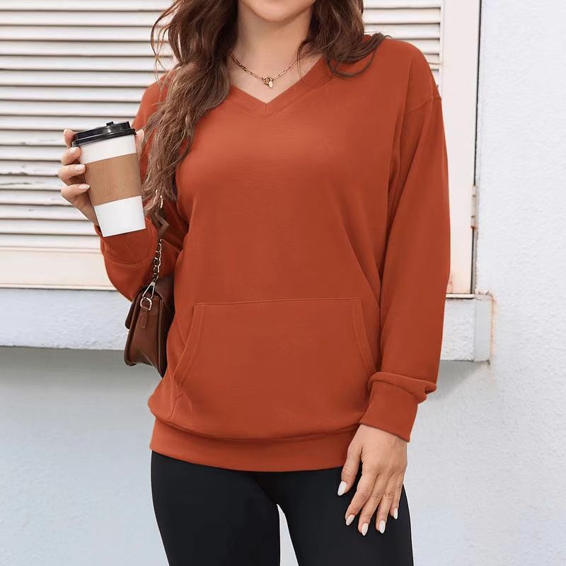 Solid color V-neck loose sweatshirt