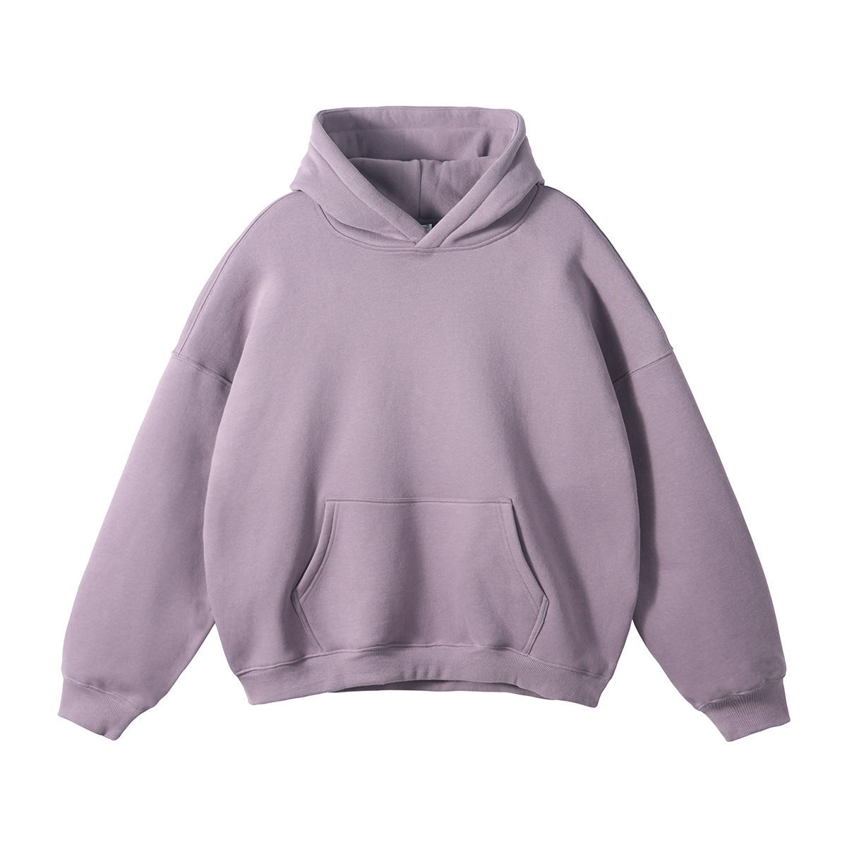 Loose-fitting, fleece-lined hoodie with dropped shoulders and a solid color.