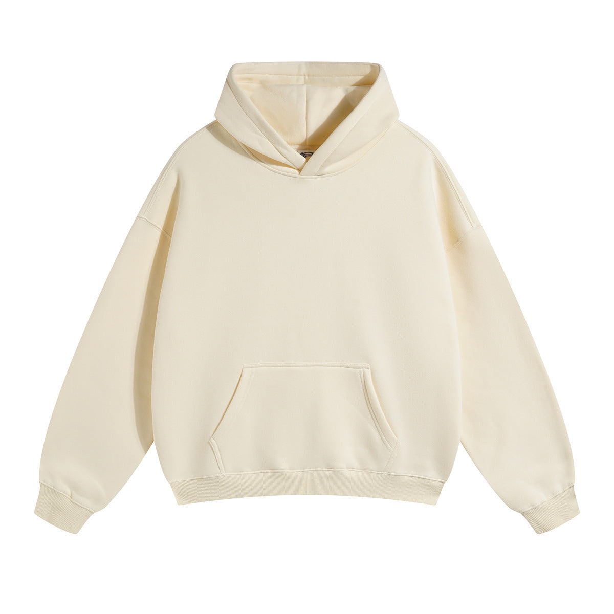 Loose-fitting, fleece-lined hoodie with dropped shoulders and a solid color.